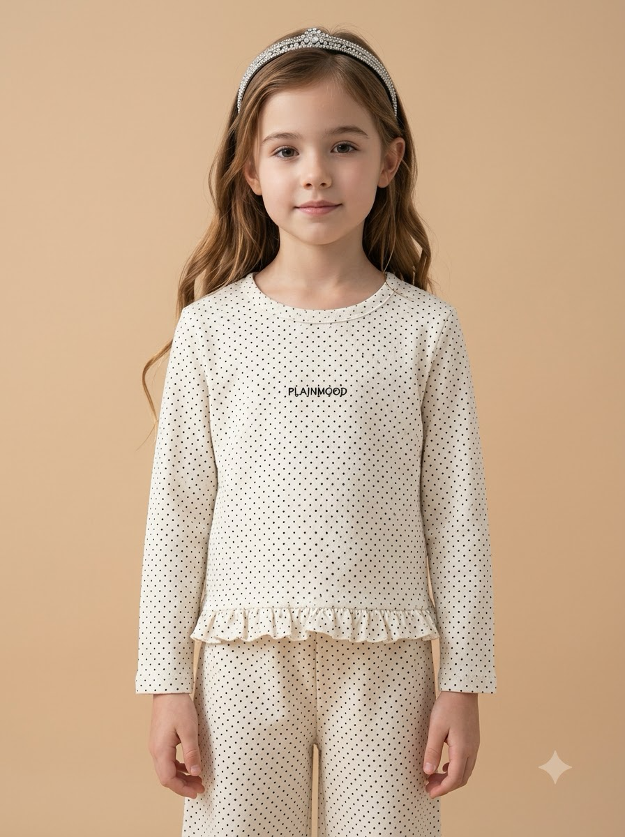 Korean Kidswear PLAINMOOD Dot Ruffle Long Sleeve White Top