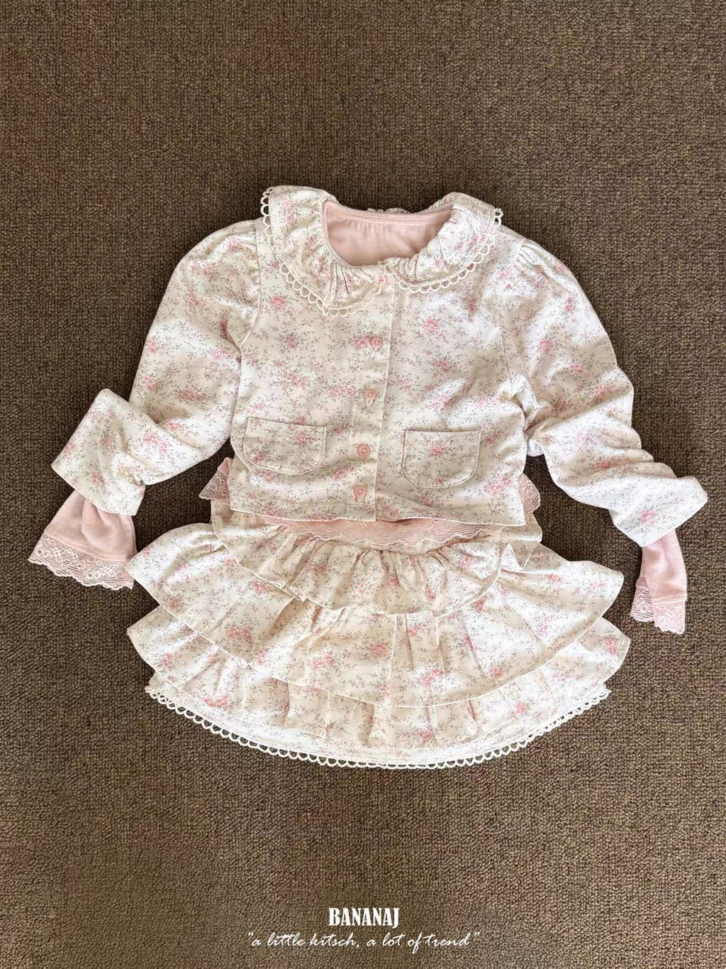 Korean Kidswear Beige Pink Floral Ruffle Skirt & Top