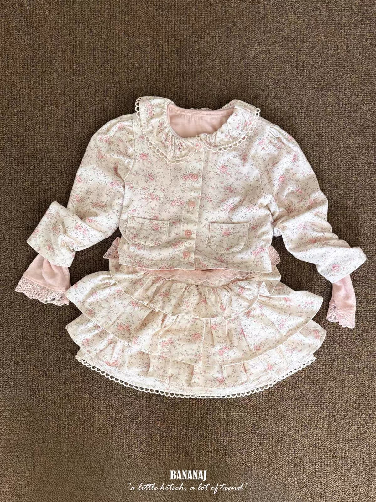 Korean Kidswear Beige Pink Floral Ruffle Skirt & Top