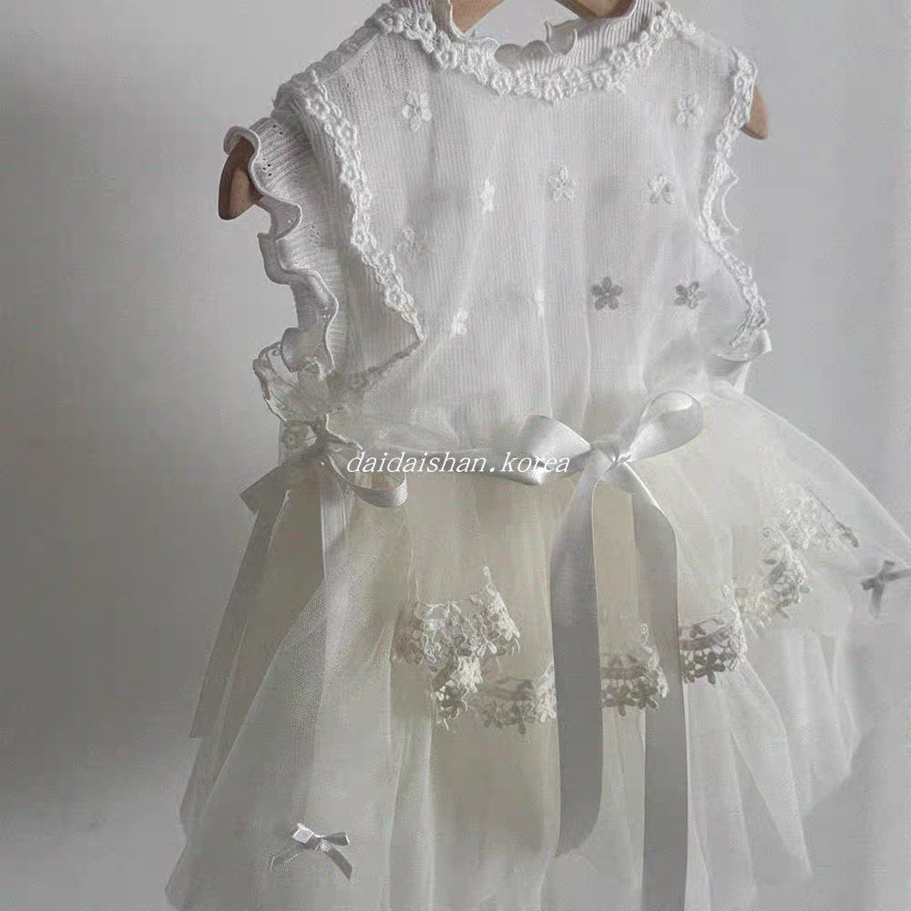 Korean Kidswear Floral Embroidered Tulle Princess Dress | White (Instock)