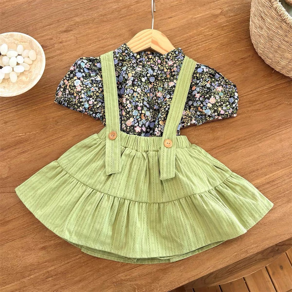 Korean Kidswear | Eyelet Suspender Green Skirt Only