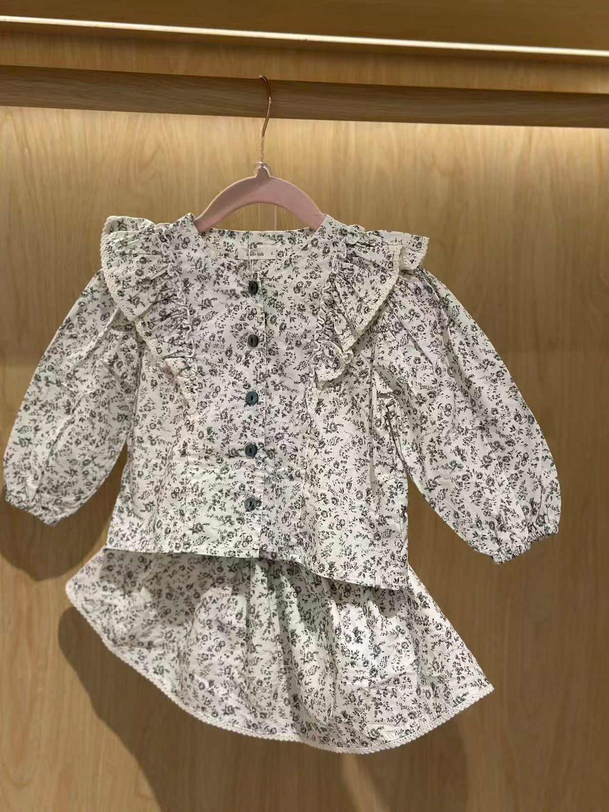 Vintage Floral Ruffle Blouse & Skirt – Grey alternate view 3 by Mini Kelly