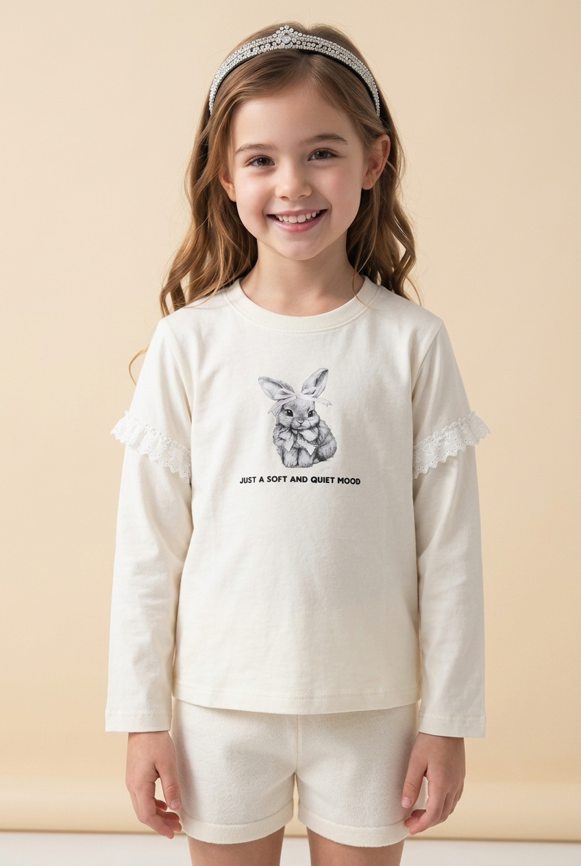 Korean Kidswear | Bunny Lace Long Sleeve Ivory Tee
