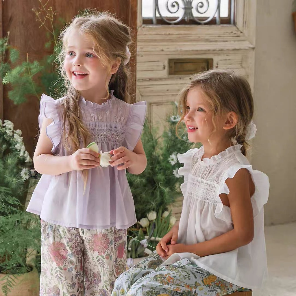 Korean Kidswear | Classic Smocked Ruffle Purple Top