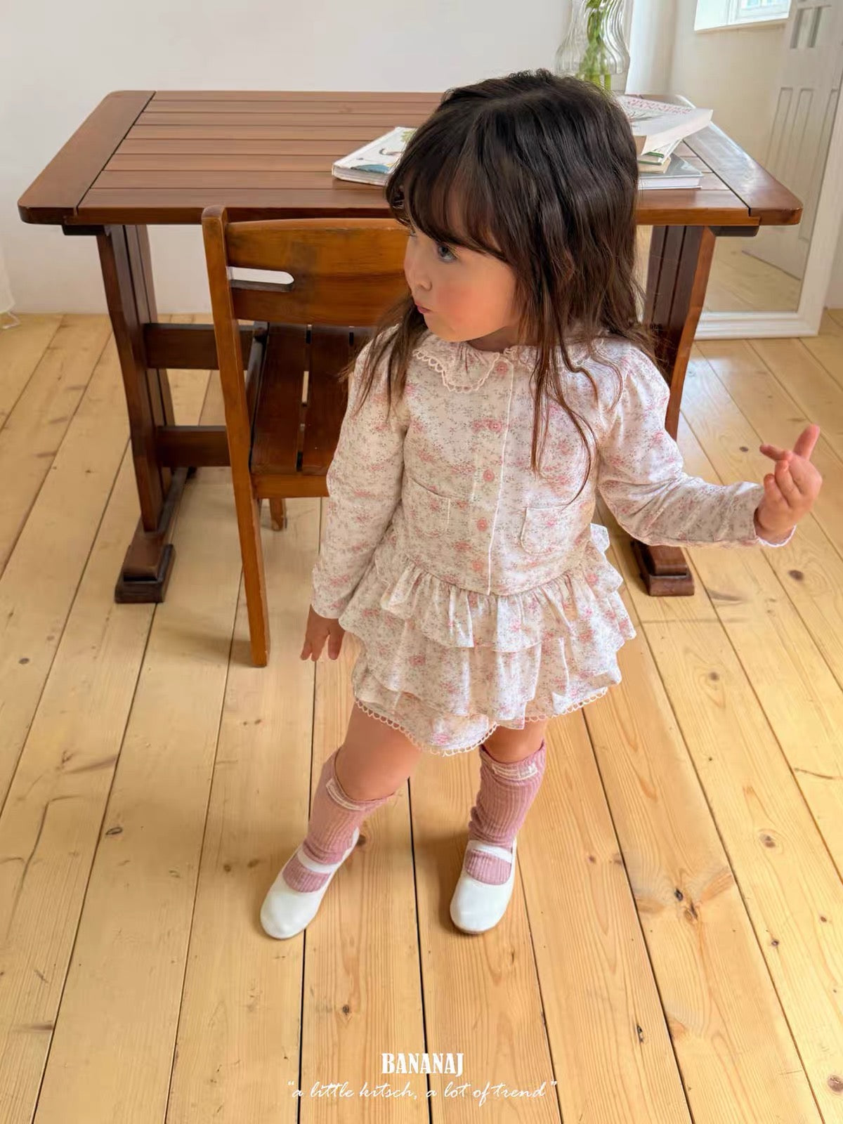 Korean Kidswear Beige Pink Floral Ruffle Skirt & Top