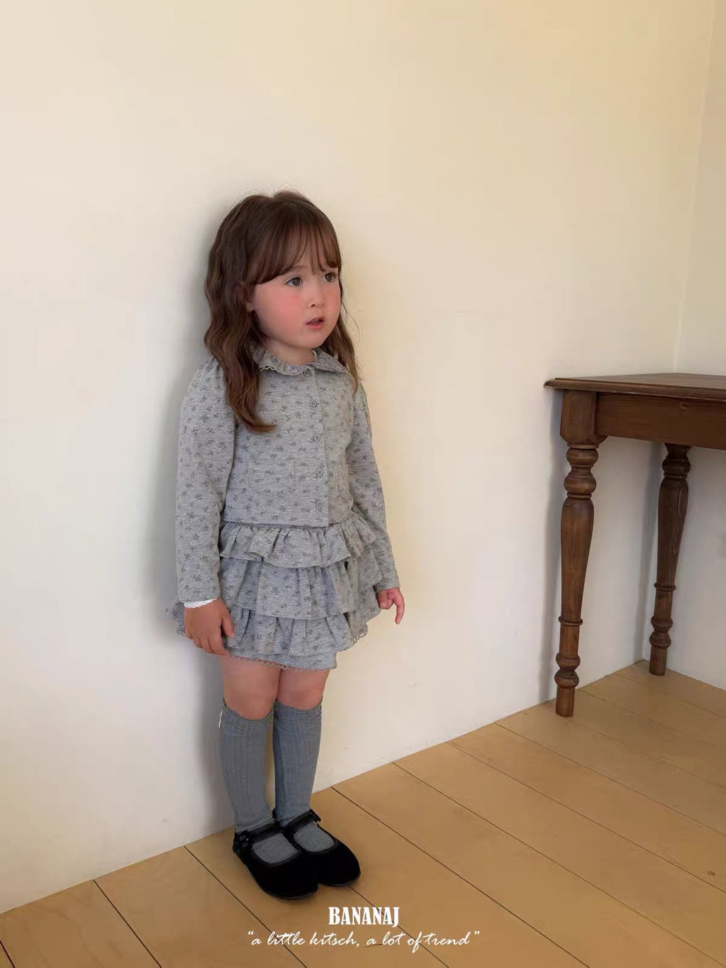 Korean Kidswear Grey Floral Ruffle Skirt & Top