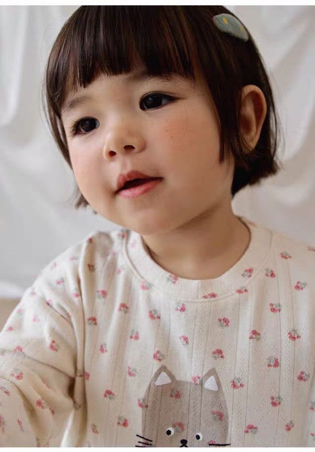 Korean Kidswear Floral Bear & Cat Long Sleeve Tee