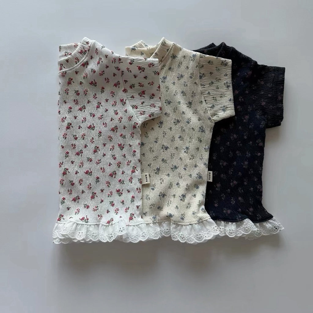 Korean Kidswear | Floral Lace Hem Ribbed Tee