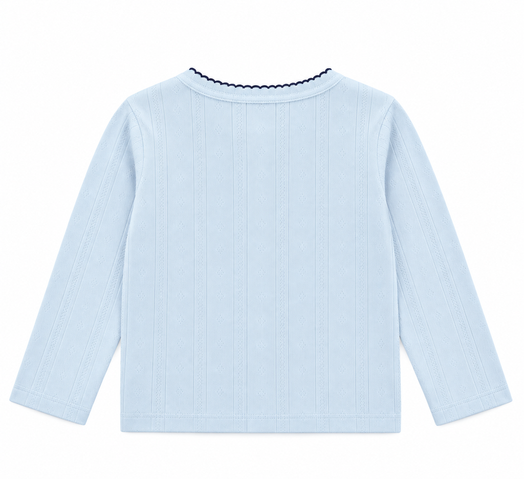 Korean Kidswear Blue Heart Button Pointelle Cardigan