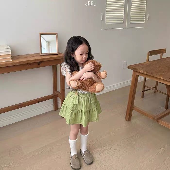Korean Kidswear | Eyelet Suspender Green Skirt Only