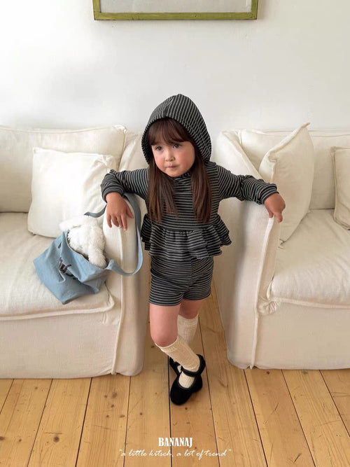 Korean Kidswear | Striped Ruffle Hoodie & Shorts Set