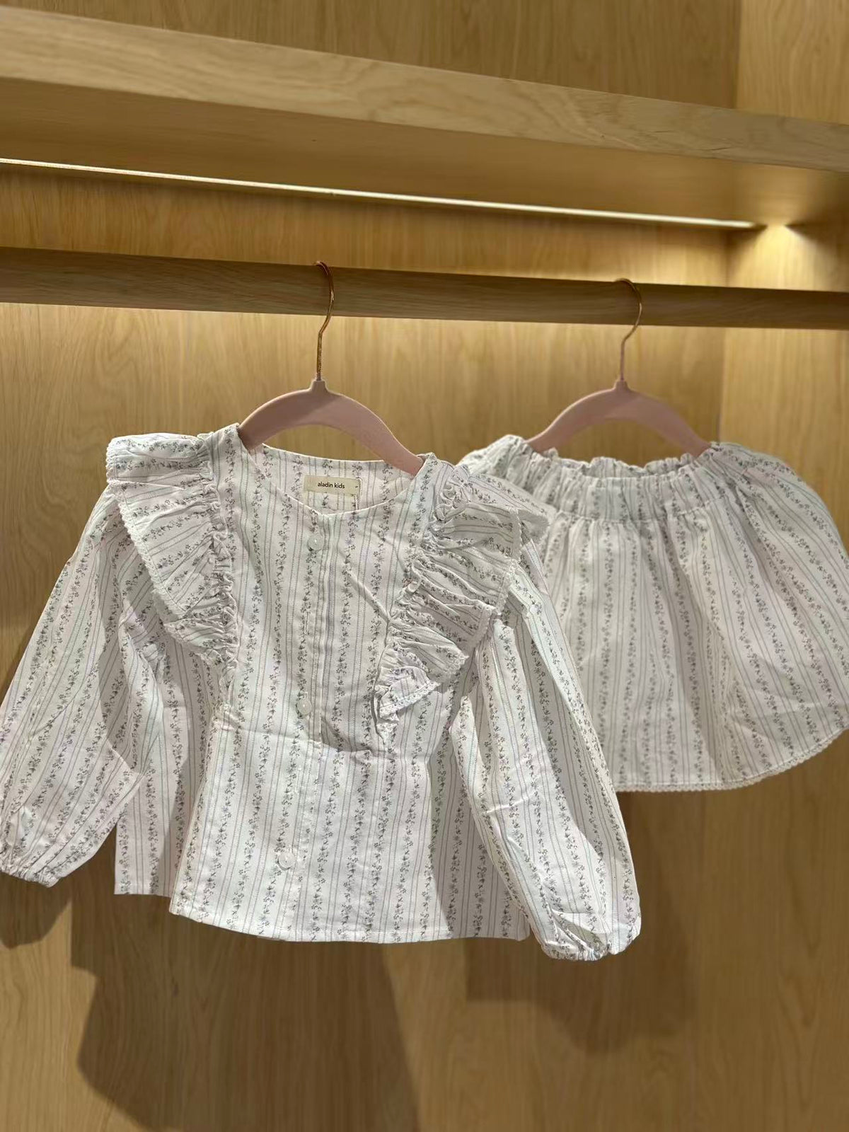 Vintage Floral Ruffle Blouse & Skirt – White alternate view 3 by Mini Kelly