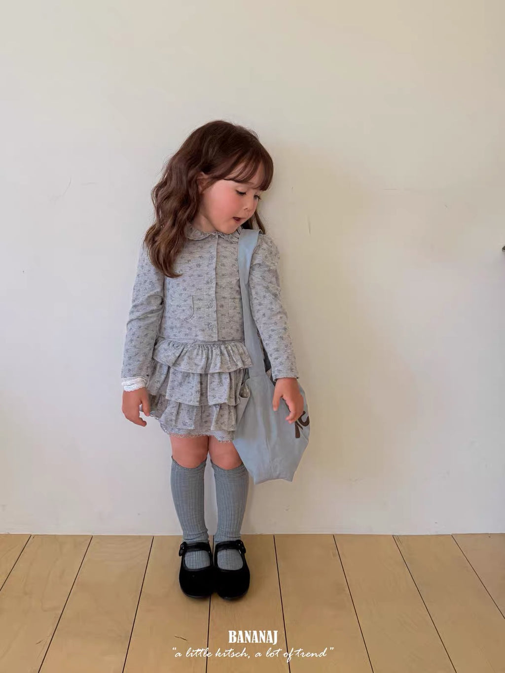 Korean Kidswear Grey Floral Ruffle Skirt & Top