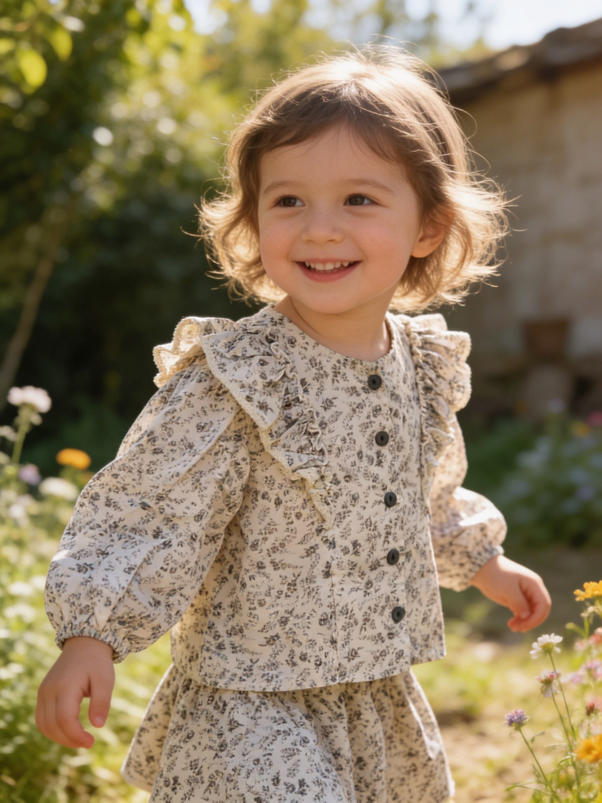 Vintage Floral Ruffle Blouse & Skirt – Grey by Mini Kelly