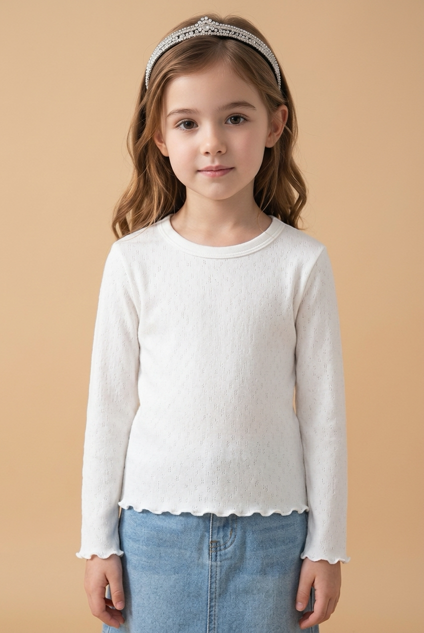 Korean Kidswear Ruffle Hem Long Sleeve Ivory Top