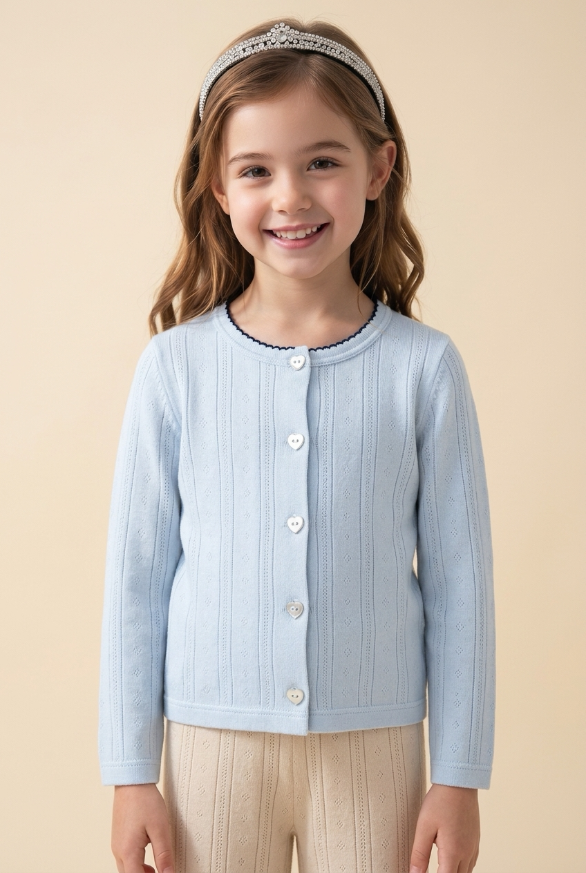 Korean Kidswear Blue Heart Button Pointelle Cardigan