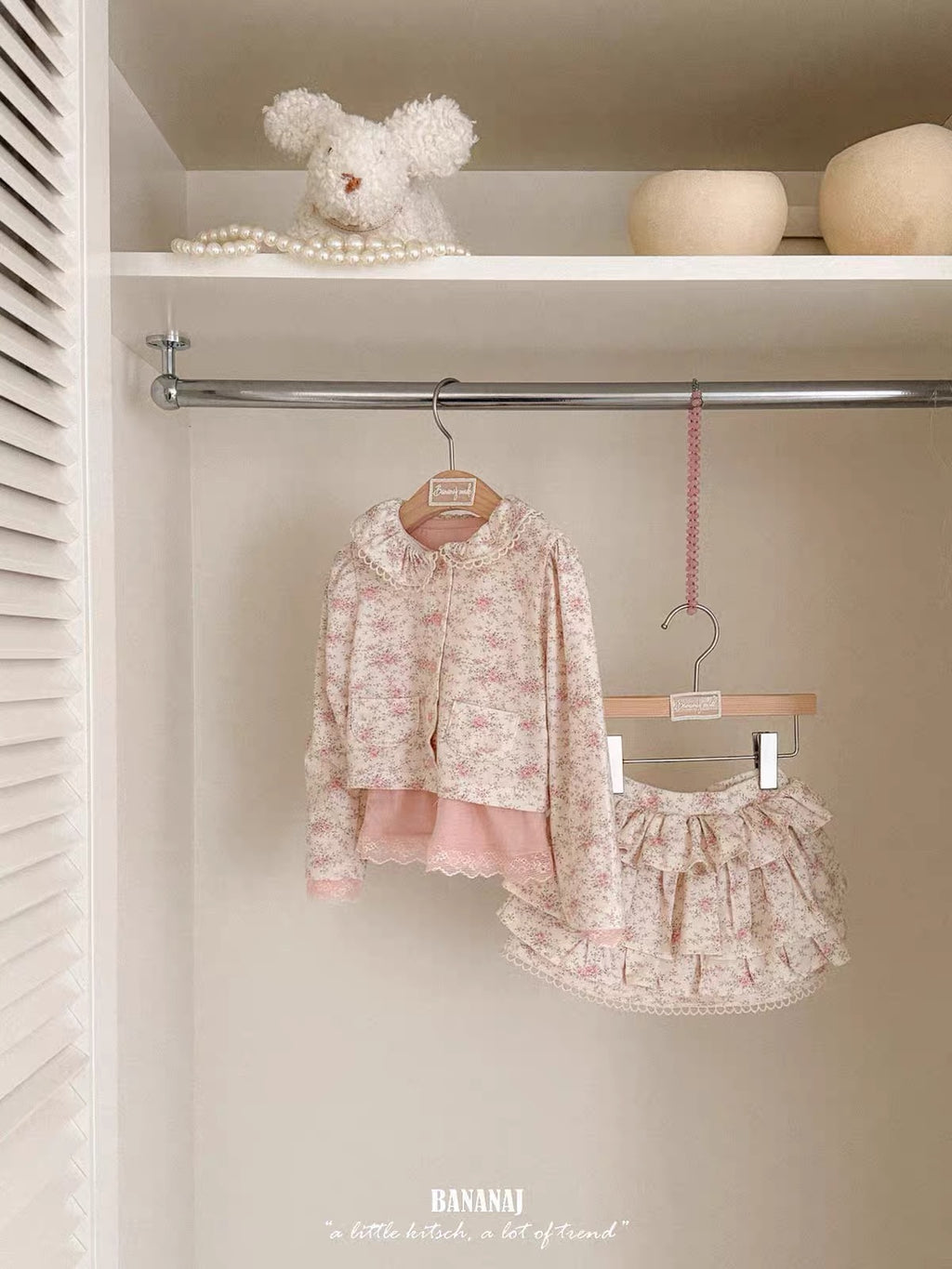 Korean Kidswear Beige Pink Floral Ruffle Skirt & Top