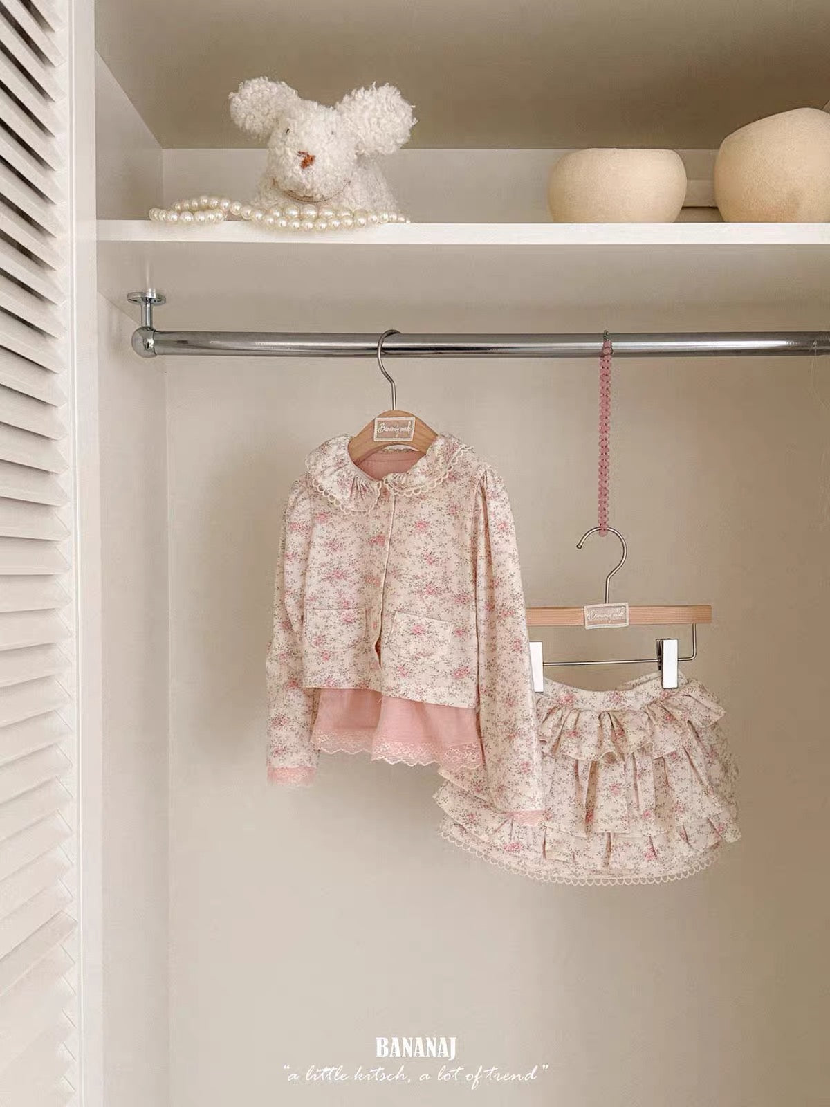 Korean Kidswear Beige Pink Floral Ruffle Skirt & Top