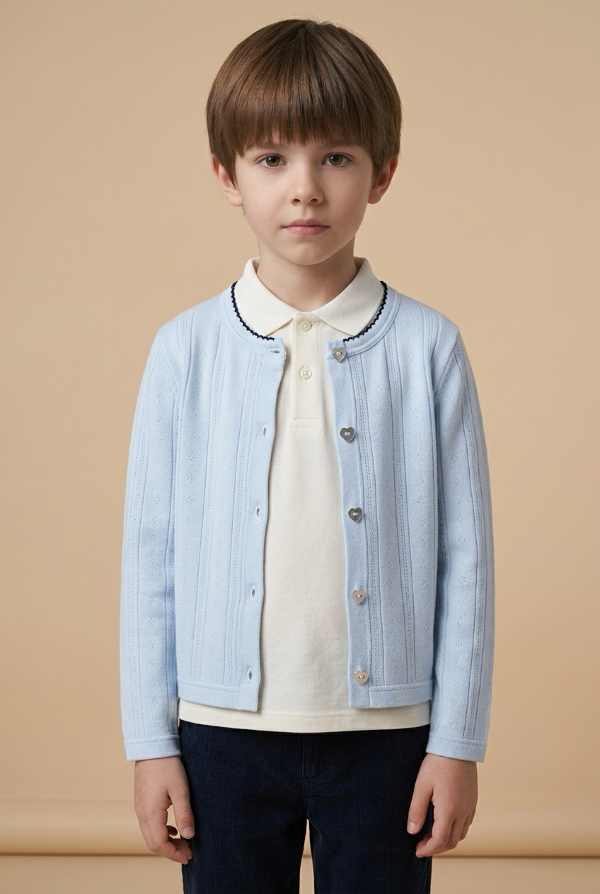Korean Kidswear Blue Heart Button Pointelle Cardigan