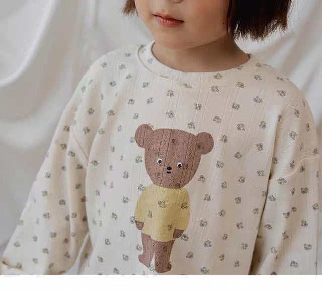 Korean Kidswear Floral Bear & Cat Long Sleeve Tee