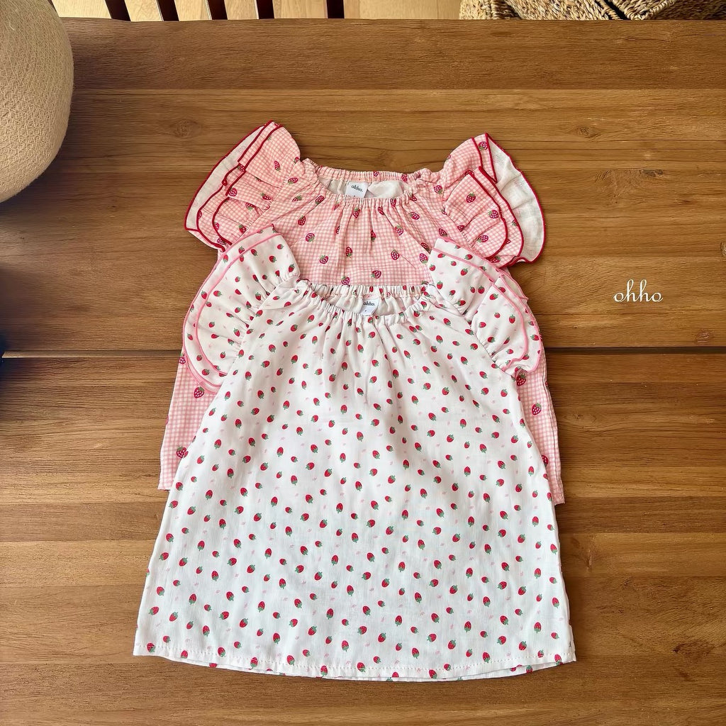 Korean Kidswear | Strawberry Print Puff Sleeve Dress
