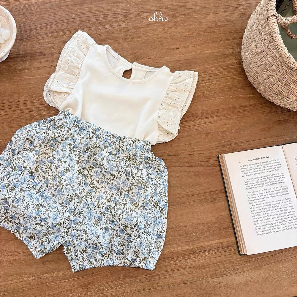 Korean Kidswear | Floral Flutter Sleeve Blouse Top and Shorts