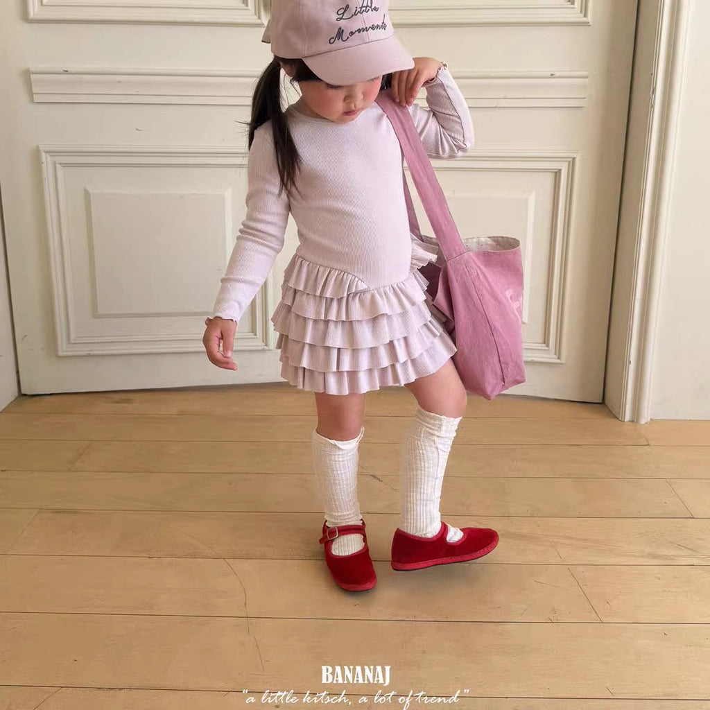 Korean Kidswear | Ribbed Tiered Ruffle Long Sleeve Dress