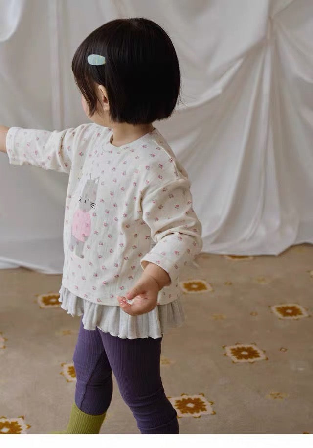 Korean Kidswear Floral Bear & Cat Long Sleeve Tee