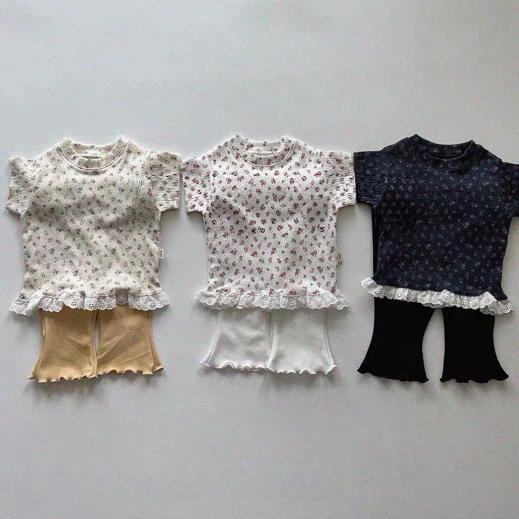 Korean Kidswear | Floral Lace Hem Ribbed Tee