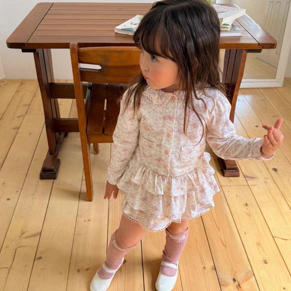 Korean Kidswear Beige Pink Floral Ruffle Skirt & Top