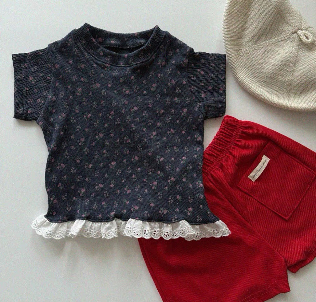 Korean Kidswear | Floral Lace Hem Ribbed Tee