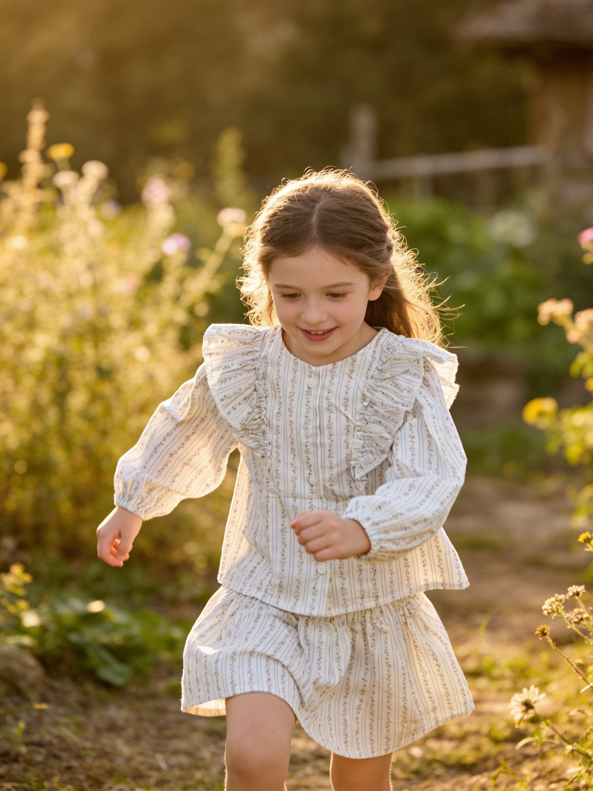 Vintage Floral Ruffle Blouse & Skirt – White by Mini Kelly