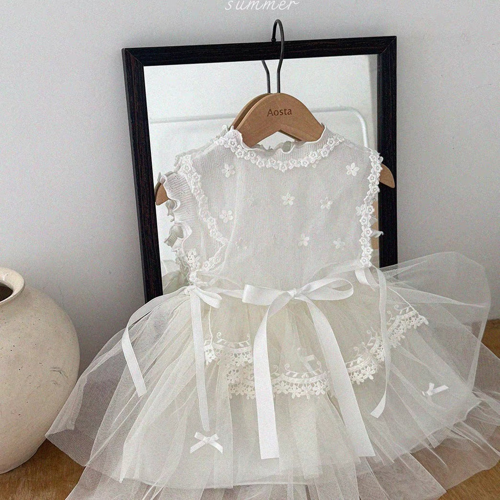 Korean Kidswear Floral Embroidered Tulle Princess Dress | White (Instock)