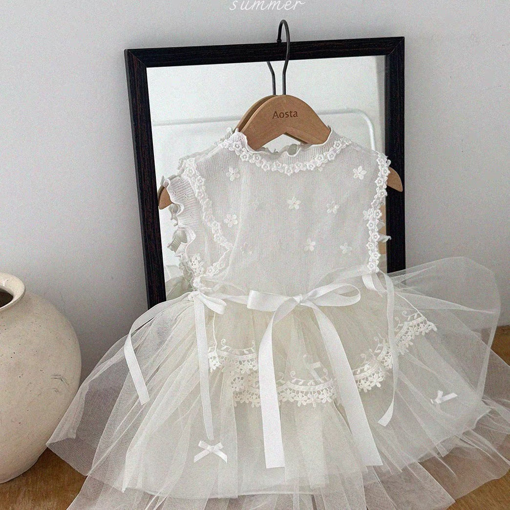 Korean Kidswear Floral Embroidered Tulle Princess Dress | White (Instock)