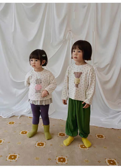 Korean Kidswear Floral Bear & Cat Long Sleeve Tee