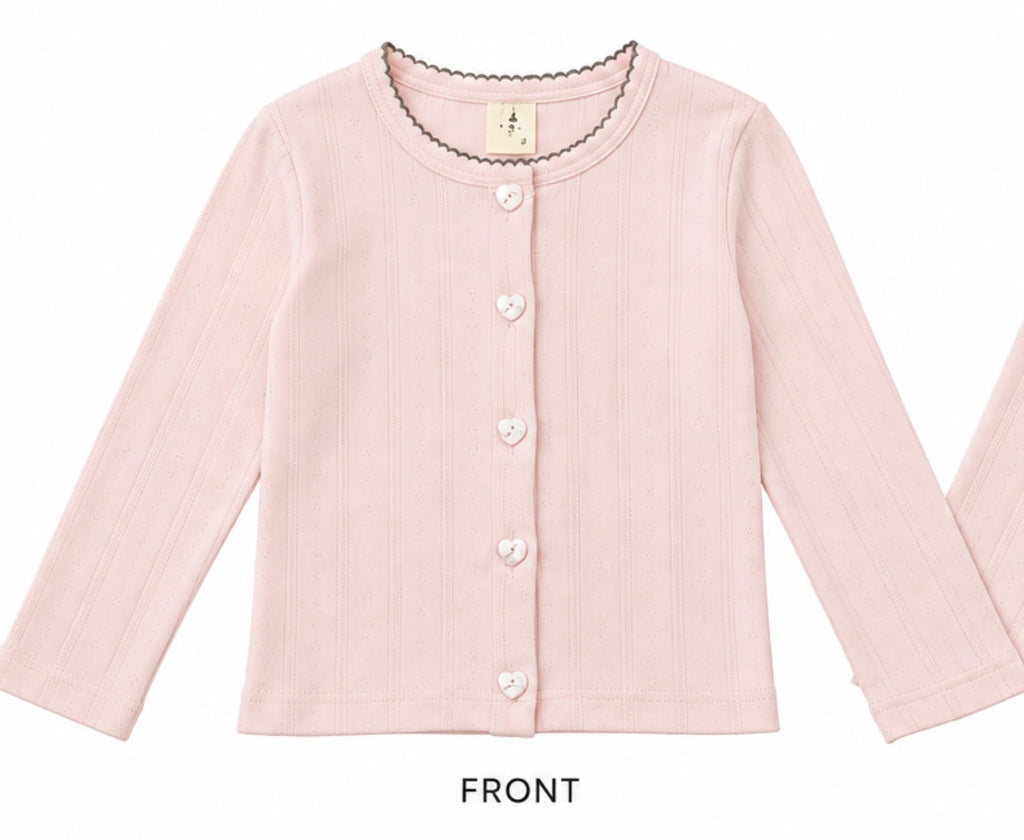Korean Kidswear Pink Heart Button Pointelle Cardigan