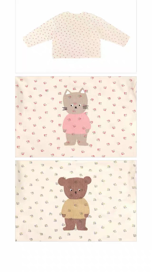 Korean Kidswear Floral Bear & Cat Long Sleeve Tee
