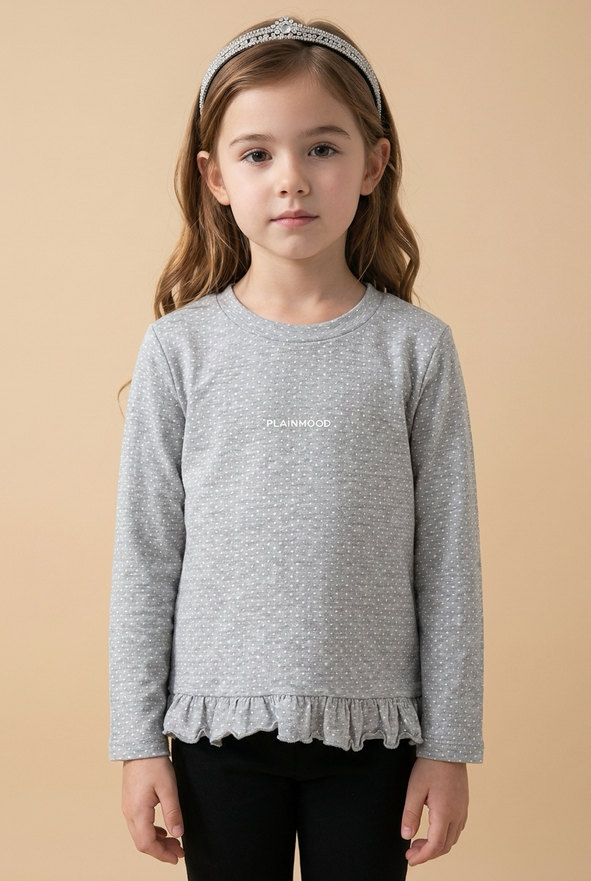 Korean Kidswear PLAINMOOD Dot Ruffle Long Sleeve Grey Top