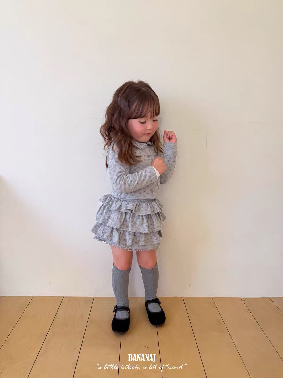 Korean Kidswear Grey Floral Ruffle Skirt & Top