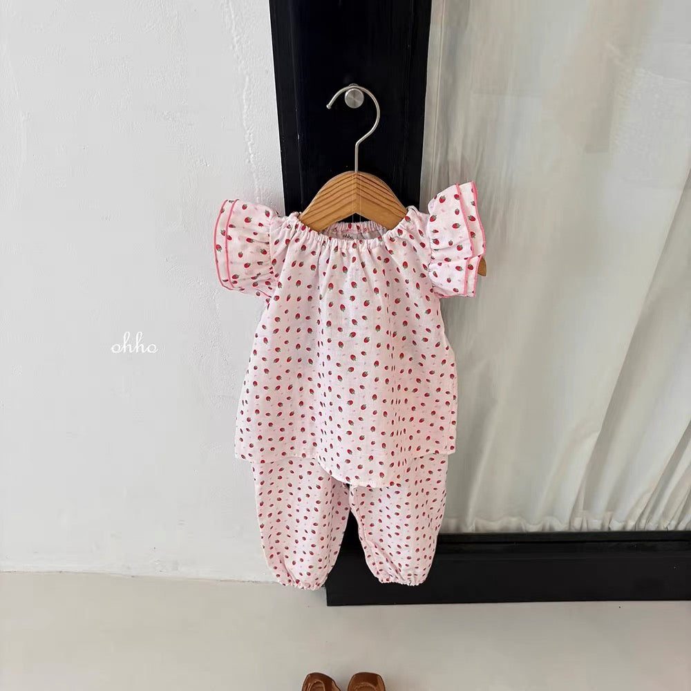 Korean Kidswear | Strawberry Print Puff Sleeve Dress