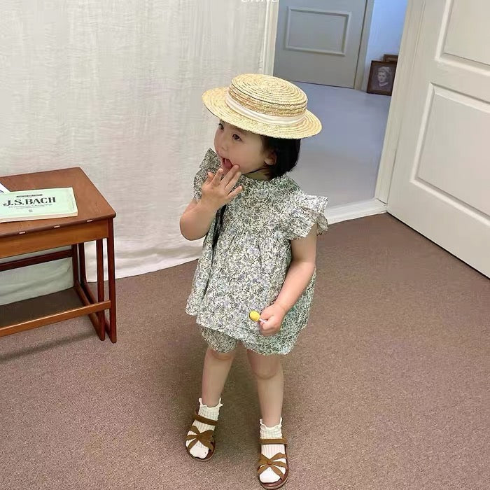 Korean Kidswear | Floral Flutter Sleeve Blouse Top and Shorts