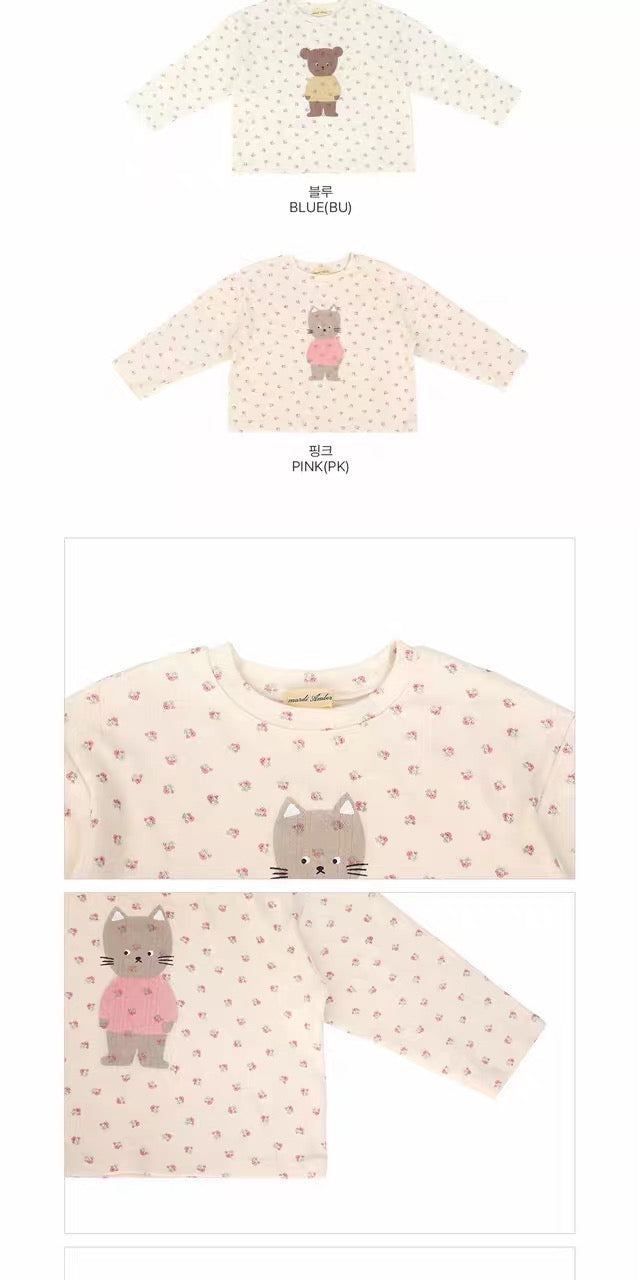 Korean Kidswear Floral Bear & Cat Long Sleeve Tee