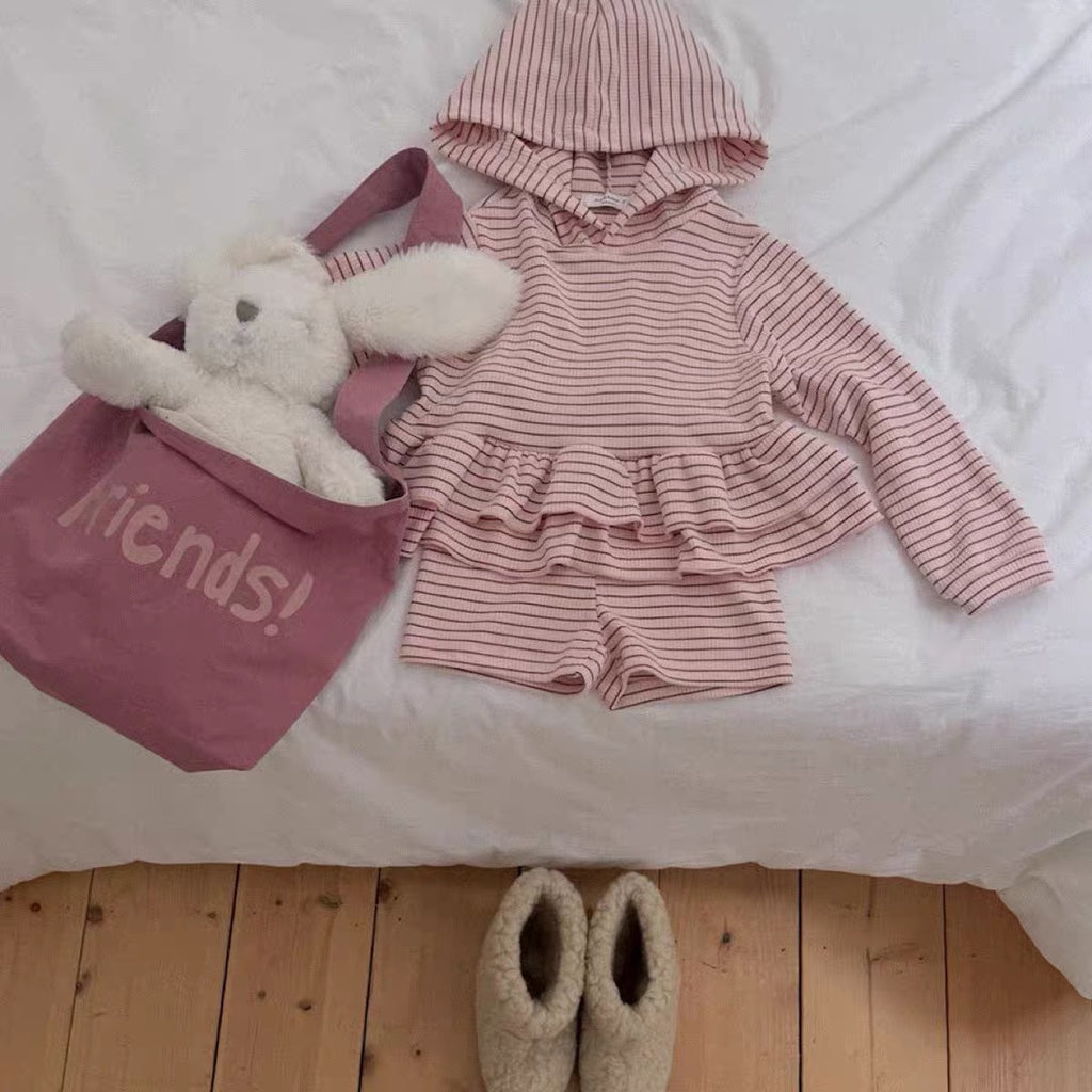 Korean Kidswear | Striped Ruffle Hoodie & Shorts Set