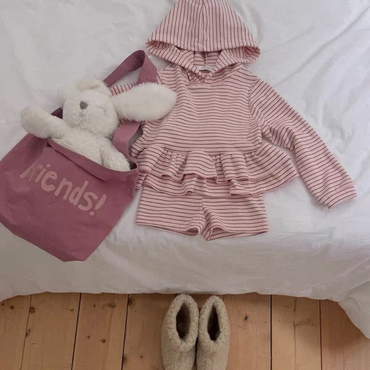 Korean Kidswear | Striped Ruffle Hoodie & Shorts Set