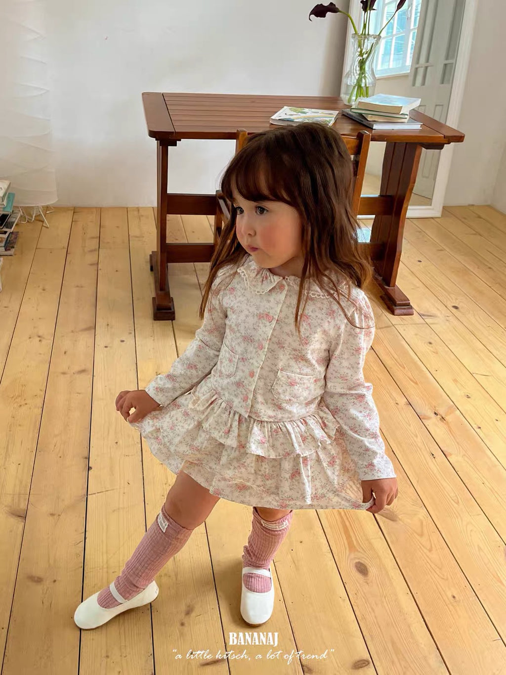 Korean Kidswear Beige Pink Floral Ruffle Skirt & Top