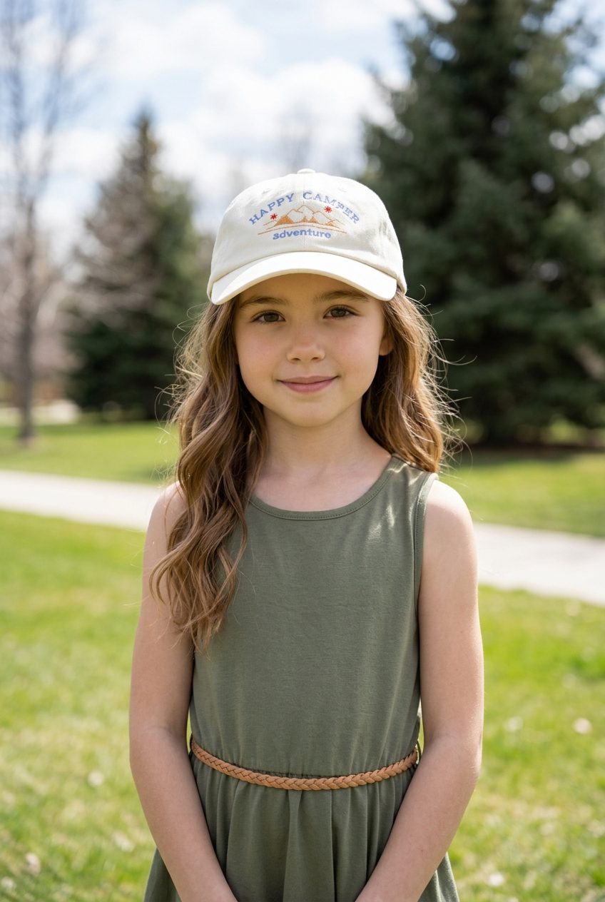 Happy Camper Embroidered Baseball Cap by Mini Kelly