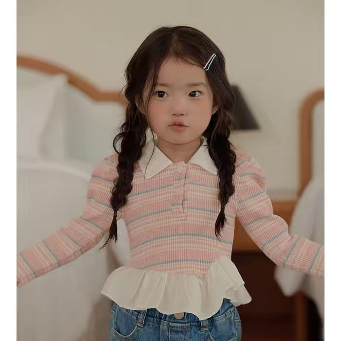 Korean Kidswear Plaid Ruffle Collar Top - 2 Colors
