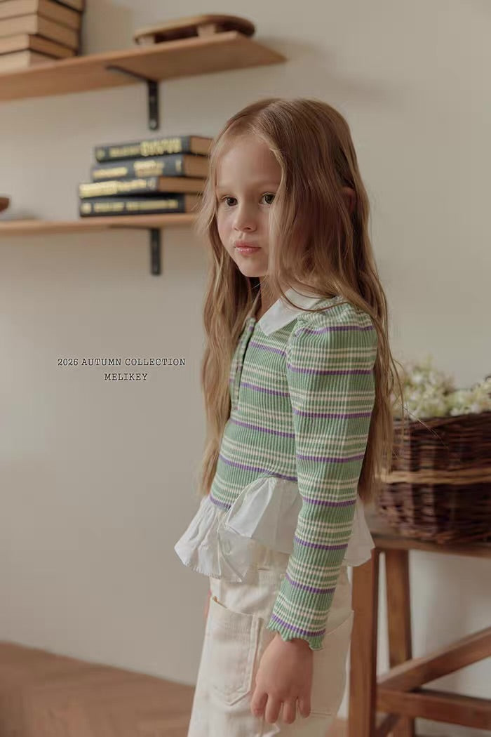 Korean Kidswear Plaid Ruffle Collar Top - 2 Colors