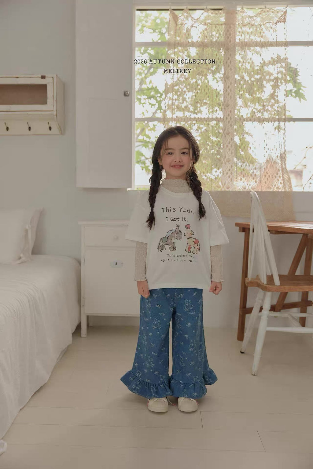 Korean Kidswear Bear Print Ruffle Denim Pants