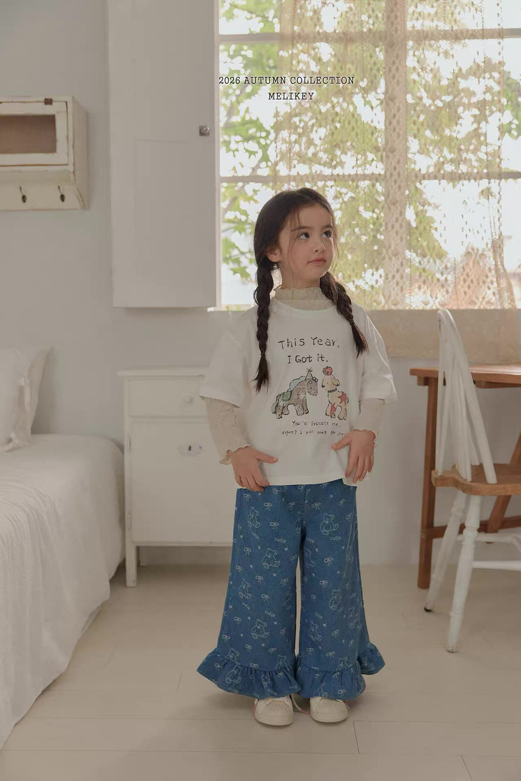 Korean Kidswear Bear Print Ruffle Denim Pants